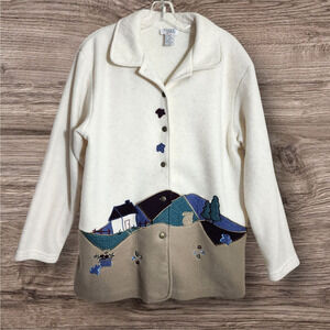 Vintage Teddi fleece button front cottage applique super soft cardigan‎ size PL